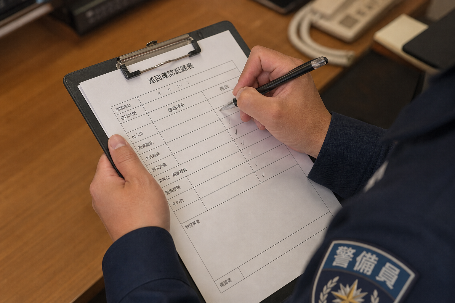 警備業務でチェックリストに記録をする警備員の手元