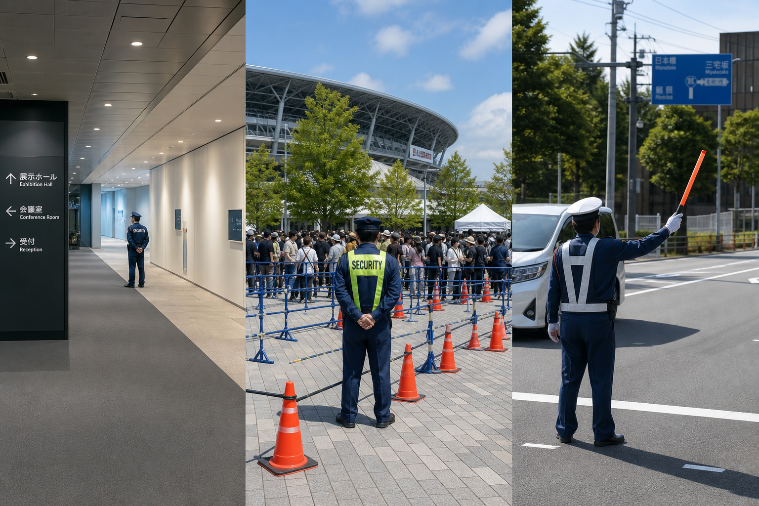 施設警備・イベント警備・交通誘導など多様な警備業務の現場イメージ