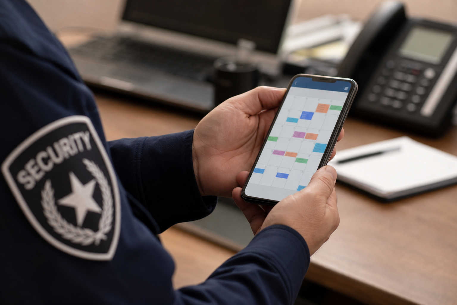 スマートフォンでシフトスケジュールを確認する警備員の手元