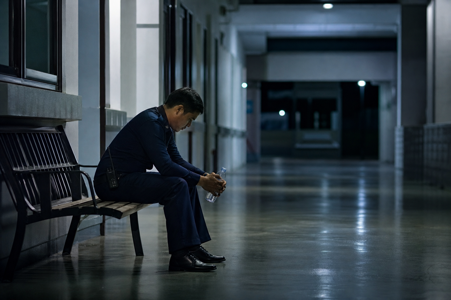 休憩中に疲れた様子で水分補給をする副業警備員の後ろ姿