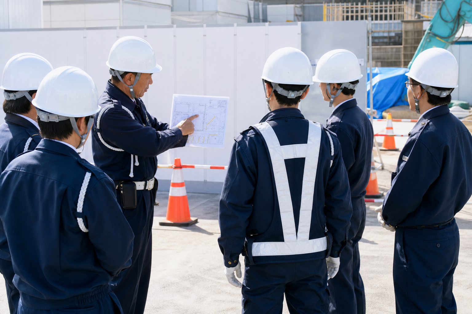 警備現場でリーダーが新人スタッフに業務指導を行う様子