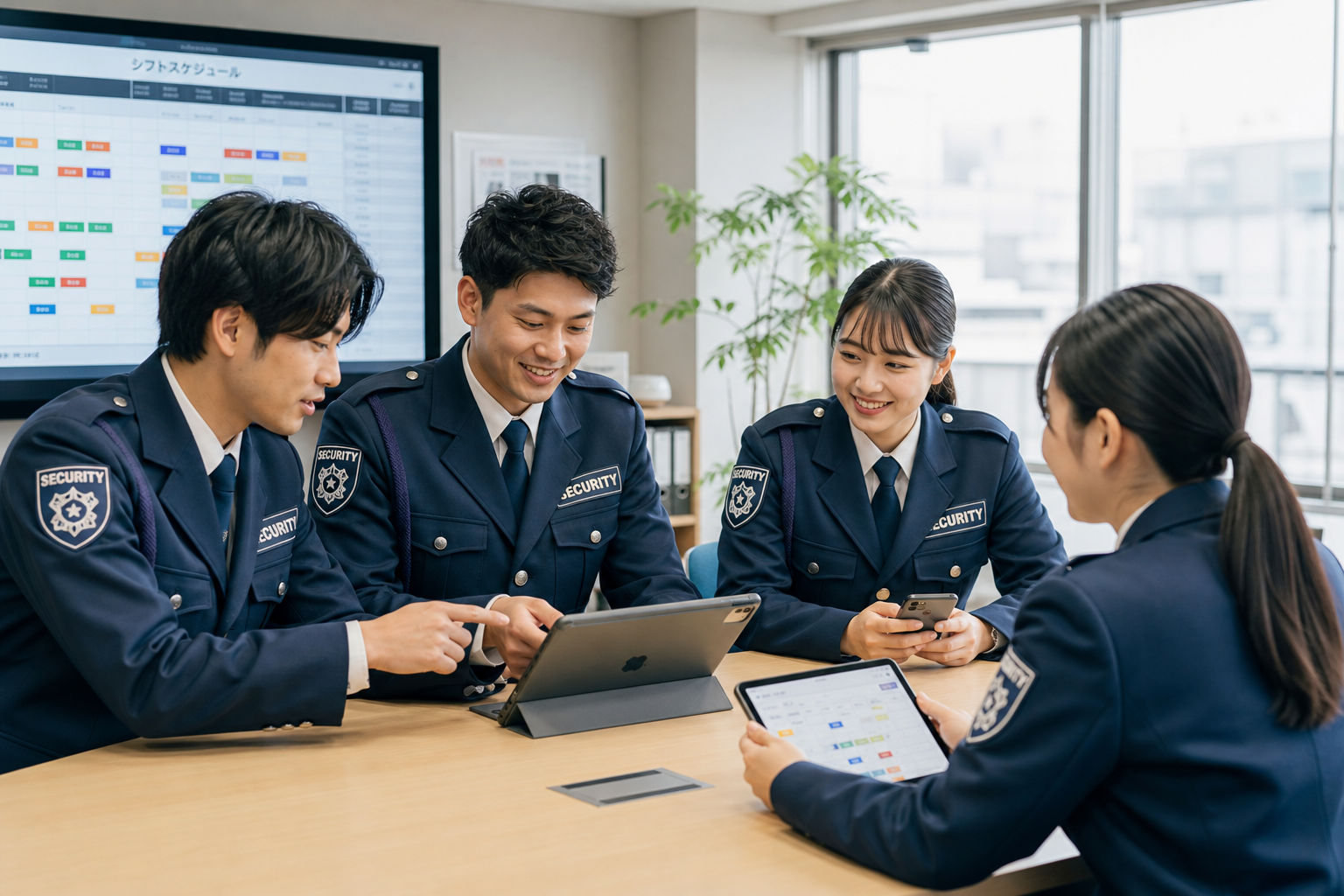 タブレットでシフト確認をする若手警備員チーム、現代的な職場環境